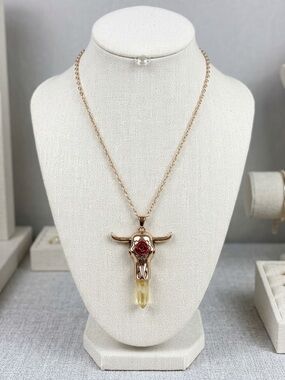 Gold Bull Skull Pendant Necklace with Red Rose Detail